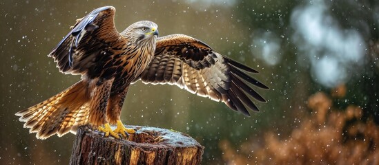 A magnificent Red kite, a bird of prey, landed gracefully on a stump, its outspread wings glistening in the rain as it offered a striking side view, revealing every intricate detail of its majestic