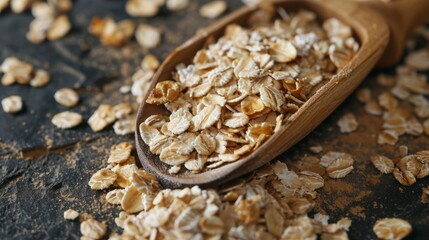 Oatmeal on a wooden spoon close-up beautiful background. Grocery concept.