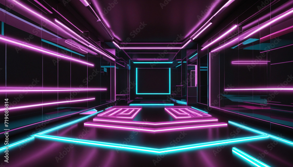 Poster neon abstract background with glowing lines and dynamic zigzag ribbon. reflective floor in a dark ro