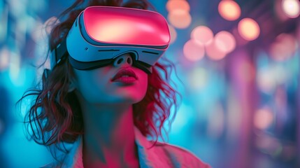 beautiful girl using VR glasses. beautiful girl and virtual reality experience, virtual reality and youth concept