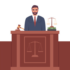 Judge with hammer. Man in black robe with gavel. Jurisprudence, justice and law. Legal and sentencing. Judgement concept. Vector illustration.