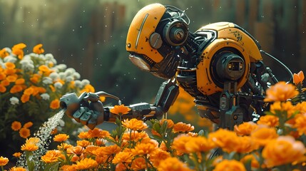 cyberpunk robot watering flower plants. robot and nature. effective use of robot to horticulture, connection of robotic technology and outside living creatures concept