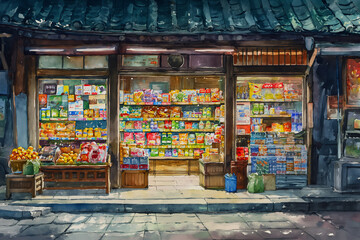 Naklejka premium Market towns display festive decorations on the roofs and walls. It combines historic architecture with holiday charm. There are food stalls, shops and a warm city atmosphere.