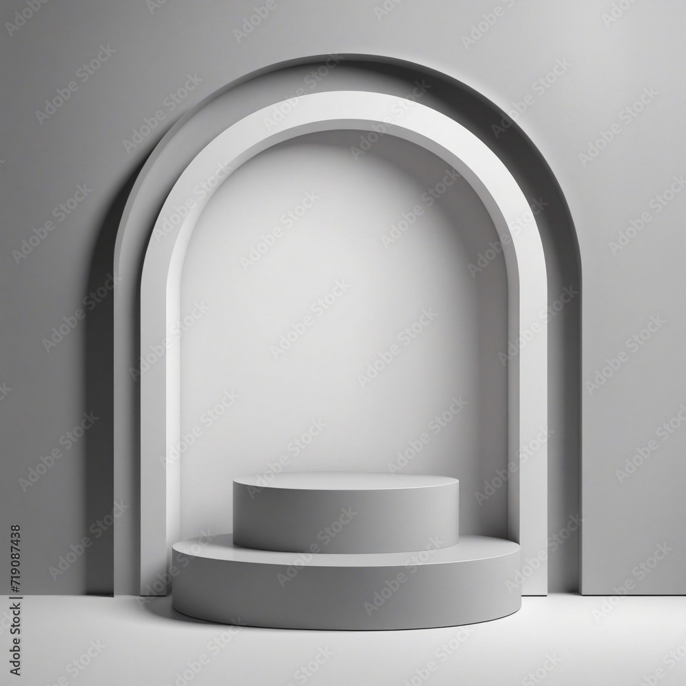 Poster abstract minimal grey background with empty podium and arched niche. vacant pedestal and blank showc