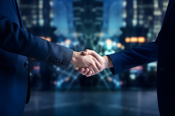 Close-up successful businessman handshake between two professionals in an office setting, symbolizing trust, cooperation, and a successful business deal - obrazy, fototapety, plakaty