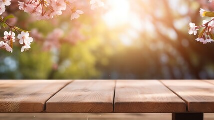 Empty wooden table in Sakura flower Park with garden bokeh background with a country outdoor theme, Template mock up for display of product
