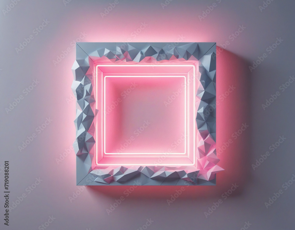 Wall mural abstract geometric design with neon square frame and glowing stormy cloud in pink and blue light.