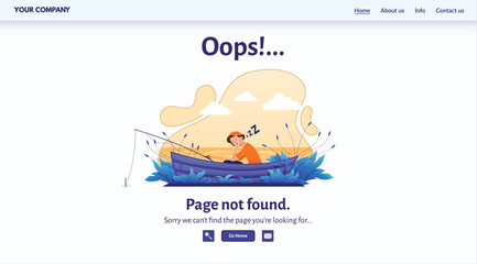 Young man napping in boat, humorous 404 error message for website page not found. Sleepy character represents lost internet page, funny digital concept. Relaxed fisherman sleeping in boat, serene