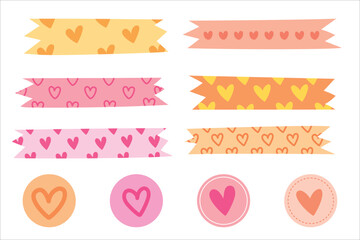 Love and heart washi tape sticker hand drawn doodle for planner, element, decoration and valentine