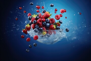 Fresh berries strawberry, blackberry, raspberry, blueberry in water splash on blue background.