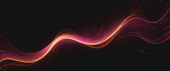 Glowing orange and pink wave abstract background with grainy texture on black backdrop, ideal for copy space.