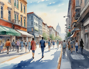 Obraz premium City street scene with pedestrians in watercolor