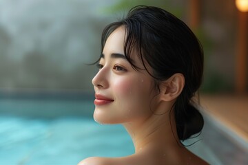 温泉・風呂につかる日本人女性の正面写真（銭湯・湯船・入浴・旅館・サウナ）