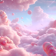  3d pink cloud with lollipop, strawberries, candy, fantasy, dreamland, surreal