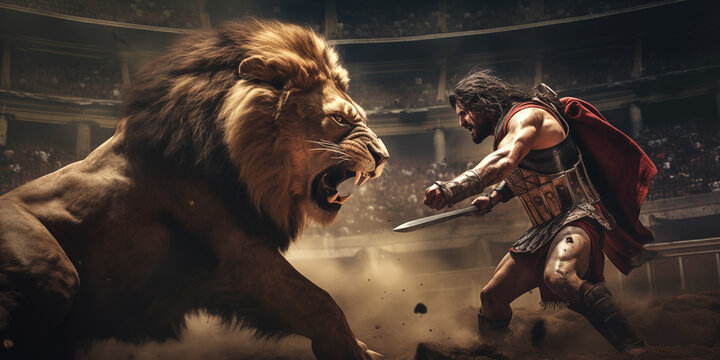 A gladiator and a lion fighting in the arena