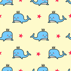 Cute blue whale Seamless Pattern, Cartoon sea animal Background, Vector Illustration © syamhnsb