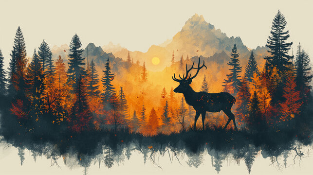  Deer in double exposure of forest mountains silhouette.