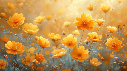 Yellow floral background. Watercolor simple flowers.