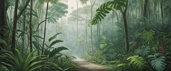 Fototapeten Rainforest, ecology, nature, bio-diversity background. Water color drawing of tropical rain forest. Extra wide format, hand edited generative ai.  © SR07XC3