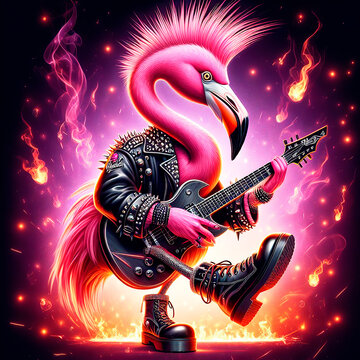 Pink flamingo with a mohawk hairstyle made of red feathers. The flamingo is dressed in punk rocker attire, including a leather vest with spikes and metal boots. AI Generation.