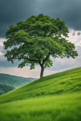 Fototapeta premium Lush meadow on hill with tree under cloudy sky