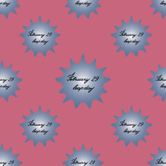 February 29 is leap day. A blot with an inscription inside. Seamless vector pattern. Blue spot with black italic on isolated pink background. An extra day a year. Idea for web design.