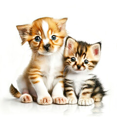 Obraz premium Kitten and puppy are best friends. Universal neutral design for children on a light background.