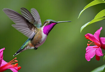 Naklejka premium Vibrant hummingbird surrounded by lush forest. Fluttering among tropical plants, colorful feathers, Colibri thalassinus bird, Tapanti National Park, Costa Rica. Exotic wildlife scene.