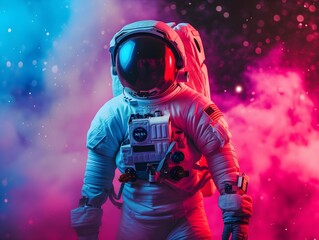 Astronaut in spacesuit standing against colorful background with smoke. - obrazy, fototapety, plakaty