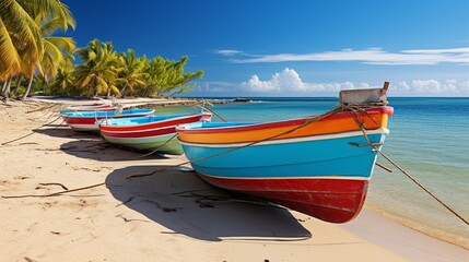 Fototapeta premium Trees inside the sea with plenty of wooden fishing boats around inside the lake on a cloudy blue sky.