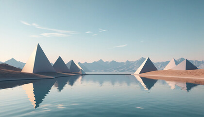 Geometric abstract 3D landscape with glass triangles and reflections in water. Modern futuristic wallpaper.