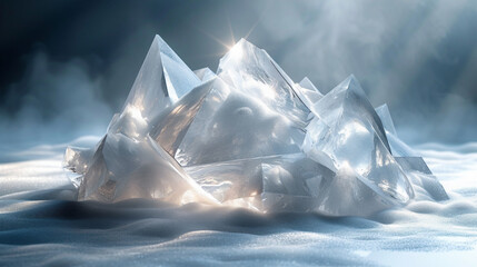 a group of triangles, in the style of made of crystals, playful distortions, high-key lighting, photorealistic compositions, white background, iridescent