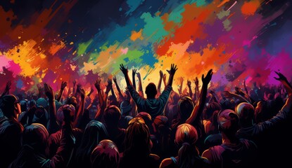 Fototapeta na wymiar colored people at a concert with their hands raised