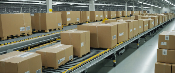 Automated conveyor system in distribution warehouse with rows of cardboard packages for e-commerce delivery - Abstract banner with copy space on logistics concepts