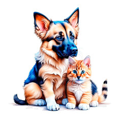 German Shepherd puppy and a Maine Coon kitten are best friends. Vintage artistic design in the Art Nouveau style, close-up on a white background.