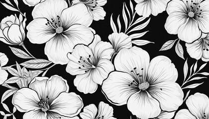 Monochrome floral hand drawn seamless pattern illustration. Vintage style acrylic paint nature background with spring floral motif.