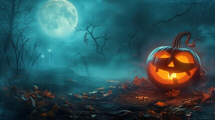 Naklejka premium Spooky Halloween Pumpkin in Moonlit Night,A carved Halloween pumpkin glows ominously under a full moon amidst a misty, eerie autumn night.