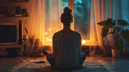 Woman Meditating at Home in Soft Ambient Light