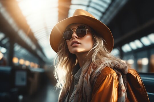 female travelling in a train station wearing sunglasses and a hat
