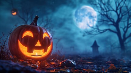 Spooky Halloween Pumpkin in Moonlit Night,A carved Halloween pumpkin glows ominously under a full moon amidst a misty, eerie autumn night.