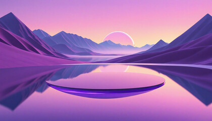 Geometric Minimalist Abstract 3D Landscape with Purple Sunset and Mirror Reflection