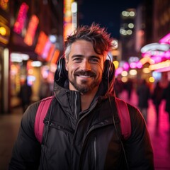 Fototapeta na wymiar Portrait of Handsome Man Wearing Headphones Walking Through Night City Street Full of Neon Light. Smiling Stylish Man Listening to Music, Enjoying Podcast Generative AI