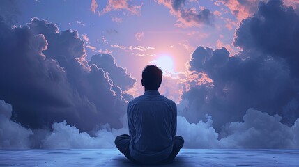 A serene meditation scene with a man sitting above the clouds as the sunrise casts a warm glow through the sky.