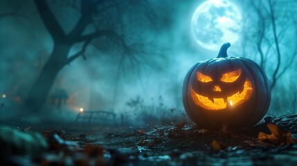 Spooky Halloween Pumpkin in Moonlit Night,A carved Halloween pumpkin glows ominously under a full moon amidst a misty, eerie autumn night.