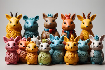 Rabbit figures made of clay and colorfully painted on white background