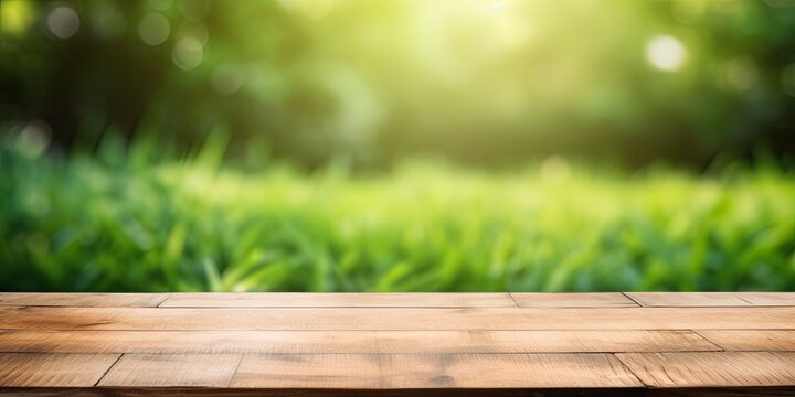 Wooden table display with green grass background and blurred foliage.