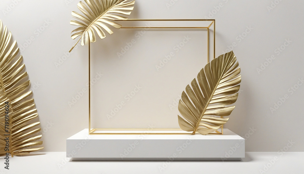 Poster white and gold geometric background with palm leaf shadow. empty platform for product presentation.