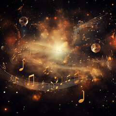 Illustration of golden color abstraction of musical notes and musical key on a black background with a beautiful round golden bokeh. AI generated