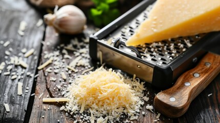 Shredded mozzarella cheese on wooden cutting board.