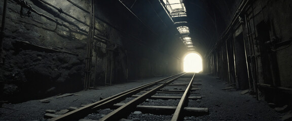 Obraz premium Exploring a deserted underground mine. Dimly lit tunnel with ancient trolley rails. Handcrafted generative art experience.